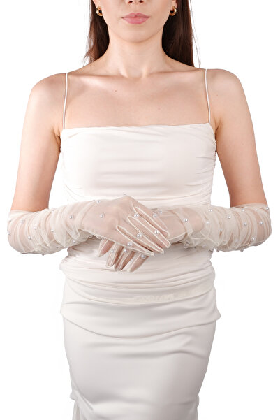 Limelia Zarif Şık İncili Gelin Kostüm Düğün Eldiveni Özel Geceler İçin Uzun T...