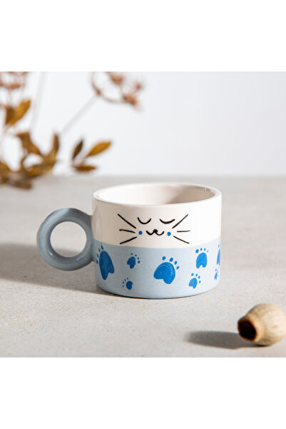 Ayda Seramik El Yapımı Seramik Sevimli Mavi Kedi Kahve Kupası