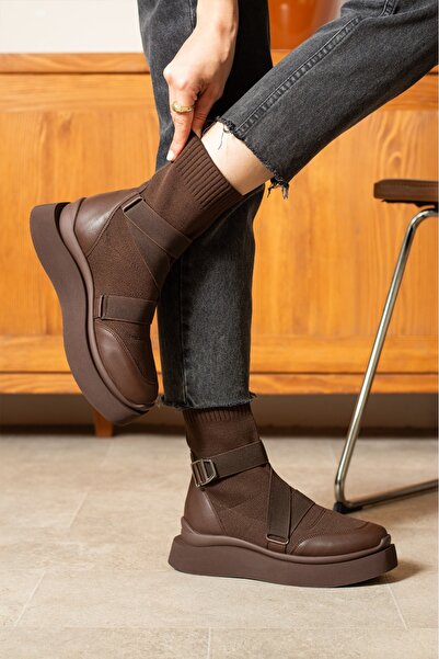 dabab shoes Adrinal Bitter Brown Stretch Belt Detail Flat Sole Women's Sports Boots