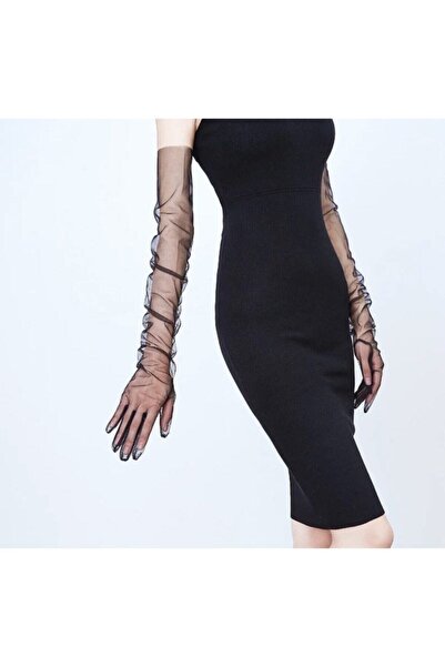 Limelia Siyah Likralı Uzun Tül Eldiven Abiye Eldiveni Aksesuar