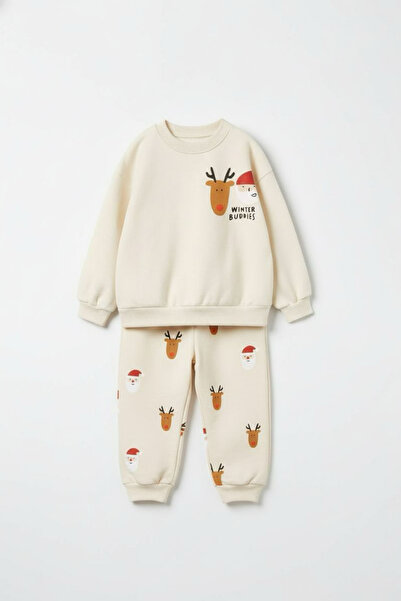 Magu Unisex Children's Cotton Cream Tracksuit Set with Christmas Figures – Comfortable Fit