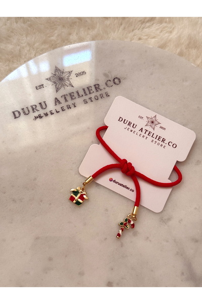 DURUATELİER Şeker Kamışı ve Hediye Paketi Charmlı Yılbaşı Model Halat Bileklik