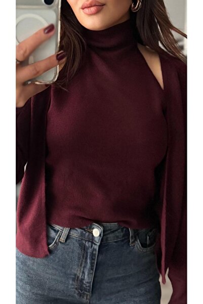 Oslove Burgundy Self-Tie Turtleneck Detailed Knit Cardigan