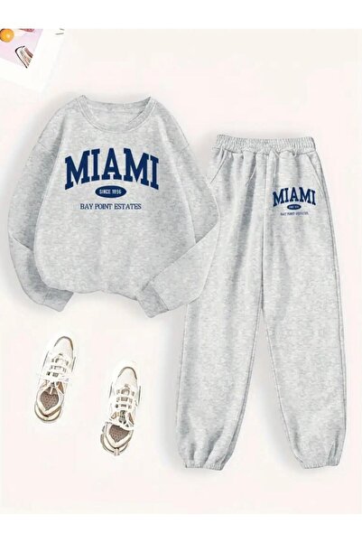 Oceanwear Miami Printed Crew Neck Bottom Top 2-Piece Fleece-Lined Tracksuit Set