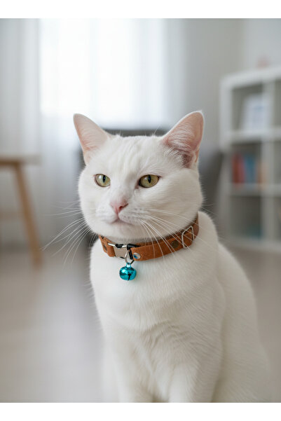 balkonda Cat Collar Leash Adjustable Genuine Leather Tan with Bell