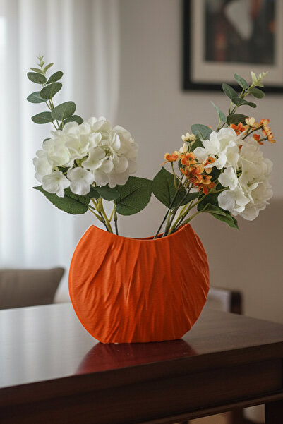 MEK مزهرية بلاستيكية حديثة مزخرفة بخطوط مجعدة برتقالية (17x22 سم)