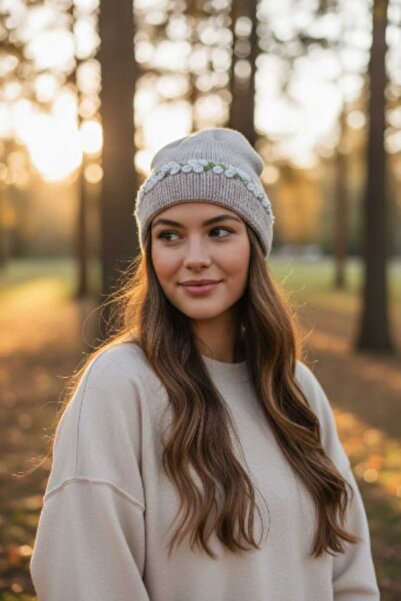 Tokuşka Knitted Embroidery Flower Pattern Pearl Bead Embroidered Women's Wint...