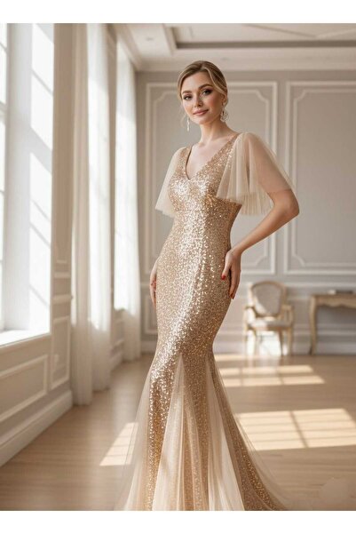 JustFab ✨Gold Sequin Mermaid Evening Dress with Sheer Sleeves✨