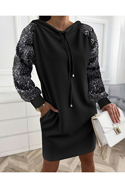 Butik فستان نسائي طويل الأكمام مزين بالترتر مع تفاصيل جيب ورباط من الفيسكوز ب...