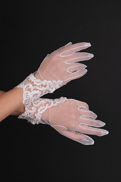 Limelia Embroidered Detailed Bridal Gloves and Bridal Cap Set