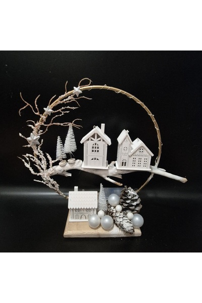 Yellow Tulip Christmas decoration/arrangement circle 30 cm, wooden houses, LED installation