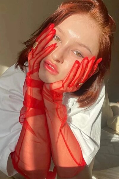 Limelia Kırmızı Tül Eldiven Düz Transparan Eldiven