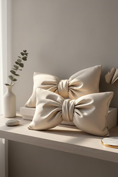 JACA Set of 2 Bowknot-Looking Decorative Linen Fabric Pillow Ribbon Gift Throw Pillow Cushion Set (2 Pieces)