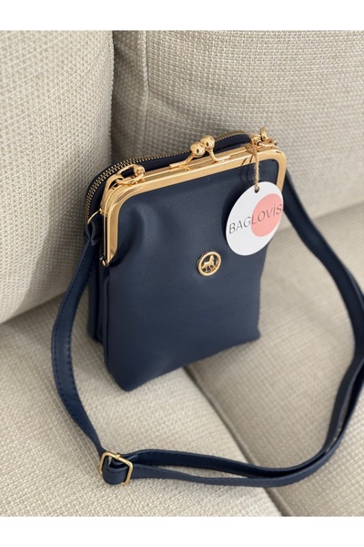 BAGLOVİS Navy Blue Vintage Metal Framed Crossbody Women's Shoulder Bag En15 Boy20