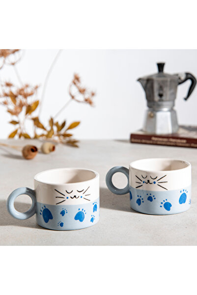 Ayda Seramik El Yapımı 2'li Seramik Sevimli Mavi Kedi Kahve Kupa Takımı