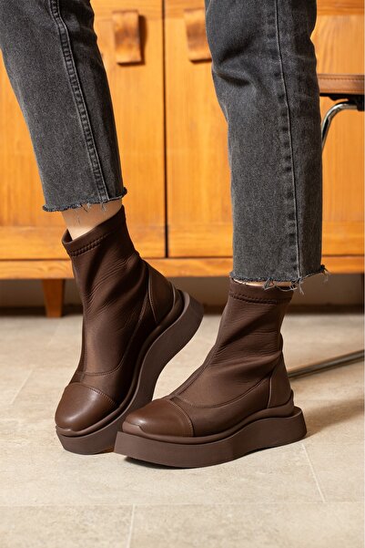 dabab shoes Women's Bitter Brown Stretch Diver Maxi Model Patent Leather Detailed Thick Poly Sole Boots