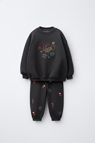 Magu Unisex Children's Cotton Black Tracksuit Set with Christmas Figures – Comfortable Fit