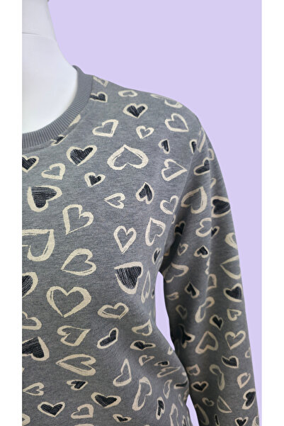 AHMERA Dark Gray Unisex Regular Fit Crew Neck Cuffed Heart Printed Sweatshirt