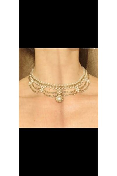 SHİNELİZE Gold detaylı inci choker kolye, el yapımı tasarım