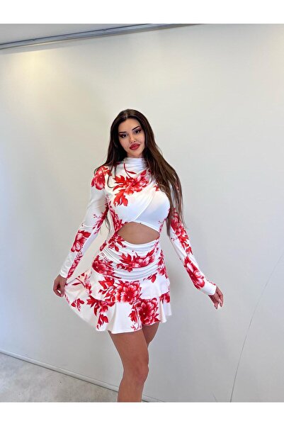 pink life Red Floral Des. Long Sleeve. Ruffle Hem Mii Dress.