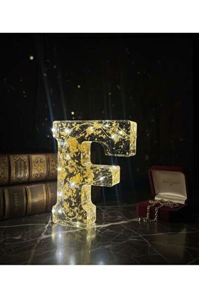 LovEce Led Işıklı Epoksi Harf Lamba - Altın Tozlu Dekoratif Baş Harf - Kişiye...