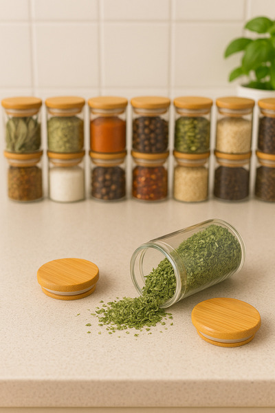MEDUSHOP 12-Piece Luxury Glass Spice Jar Set |   Counter Top |   Bamboo Gasket Lid |   Same Size |   Organizer Set
