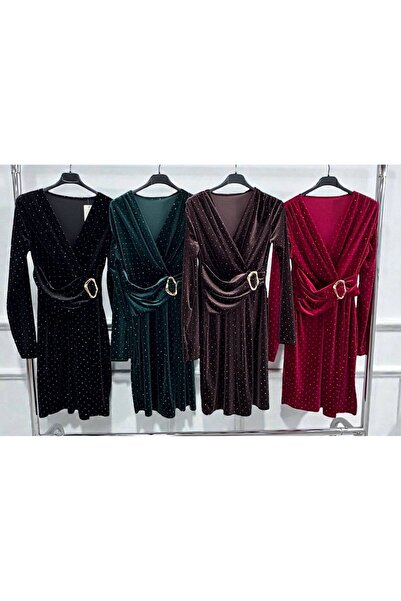MAXORA SHOP Velvet dress with appliquéd stones and wrap neckline