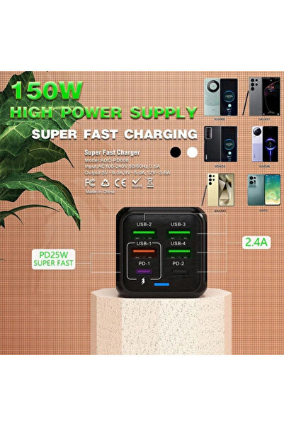 First pro 150W 6-Port Fast Charger UK Plug – Multi-Device Mobile & Travel Charging Adapter (White)