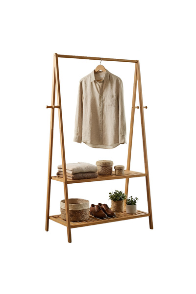 Cady One Versatile wooden clothes rack with lower storage shelves