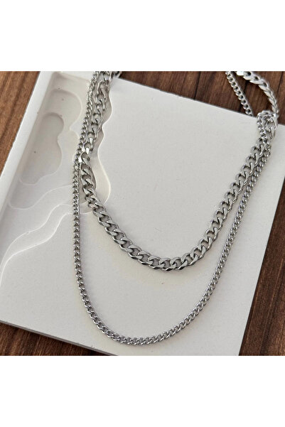 TURKAFONE قلادة سلسلة مزدوجة فضية