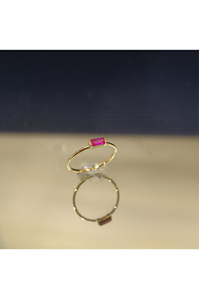 FasekGold Gümüş Ruby (Yakut) Baget Tek Taş Yüzük-Minimal Eklem Yüzügü