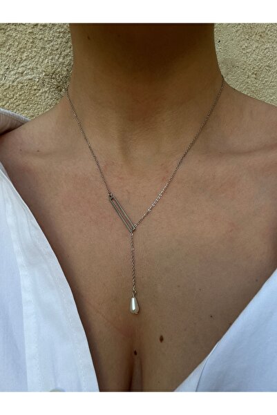 pop up store Stainless Steel Pearl Detail Minimal Necklace