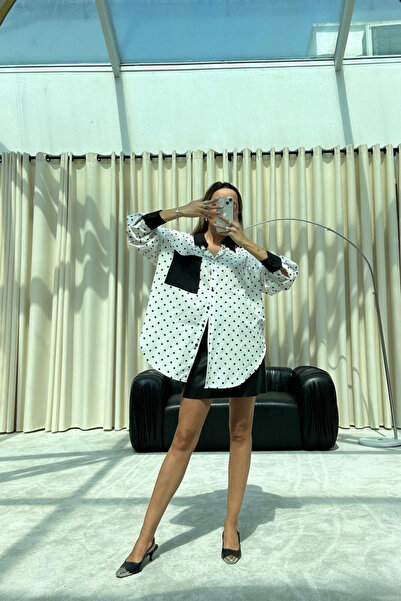 Qaju Women's Heart Patterned 100% Cotton Oversized Shirt