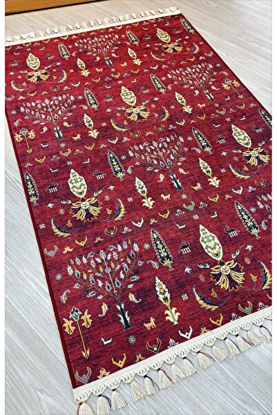Just Arte Knitted Fringed Red Rug Decorative Living Room Carpet Machine Washa...