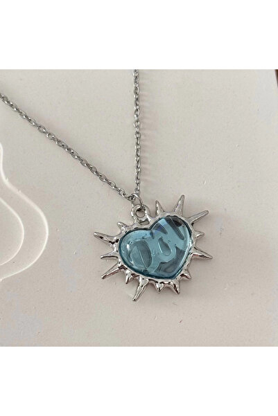 TURKAFONE قلادة على شكل قلب باللون الفضي الأزرق