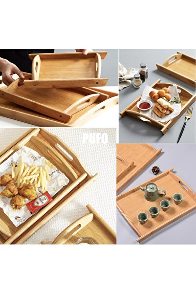 PUFO Set of 3 Serve bamboo wooden serving trays with handles, brown, 51 cm