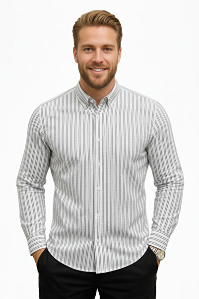 DeepSEA Men's Grey Striped Seersucker Fabric Slim Fit Shirt – Stylish, Modern and Comfortable Shirt 2501317