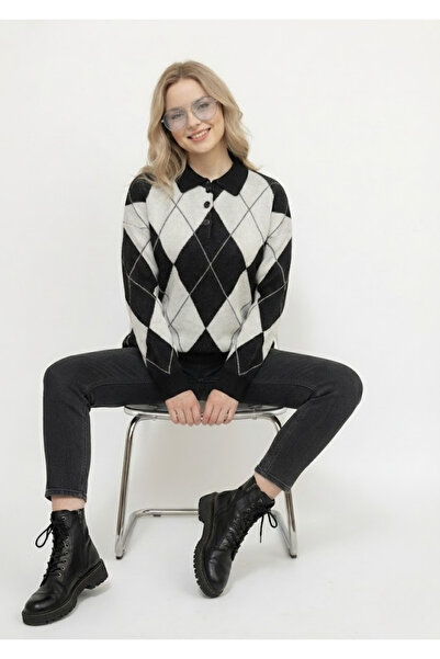 meday Clothing Lux Vintage Baklava Patterned, Polo Neck, Premium Knitwear Sweater