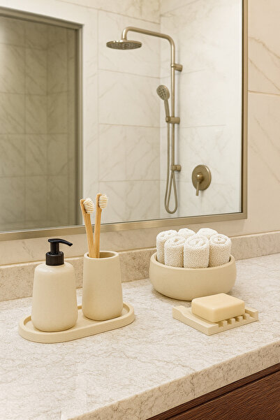 Zigzag Home Dekoratif 5 Parça Bohem Tarz Banyo Seti Sıvı Sabunluk Katı Sabunluk Diş Fırçalık Tepsi ve Havluluk