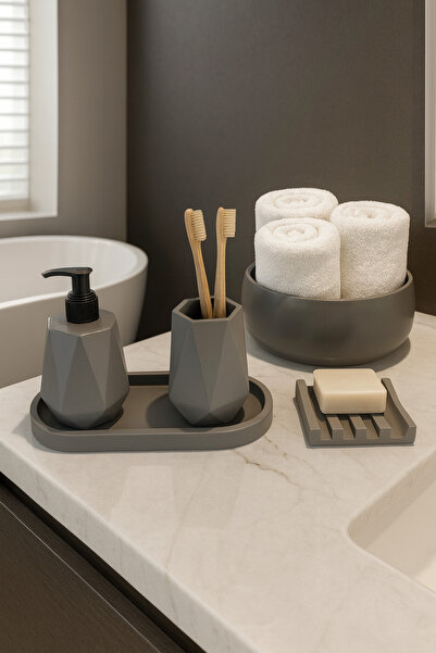 Zigzag Home طقم حمام هندسي مزخرف مكون من 5 قطع، حامل صابون سائل، حامل صابون ص...