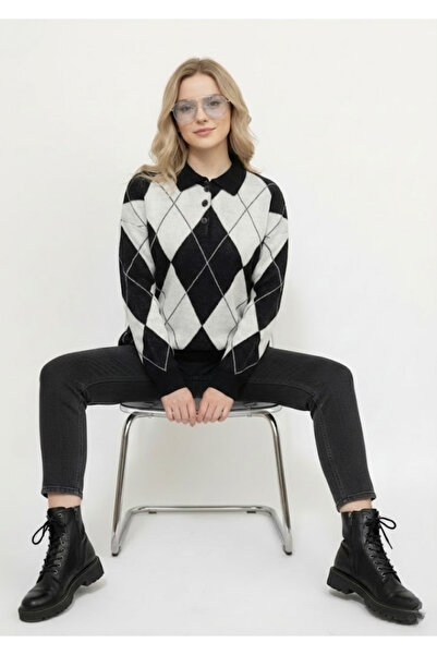 meday Clothing Lux Vintage Baklava Patterned, Polo Neck, Premium Knitwear Sweater