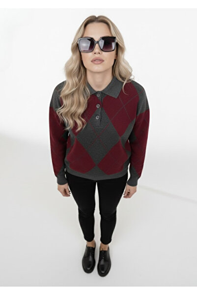 meday Clothing Lux Vintage Baklava Patterned, Polo Neck, Premium Knitwear Sweater