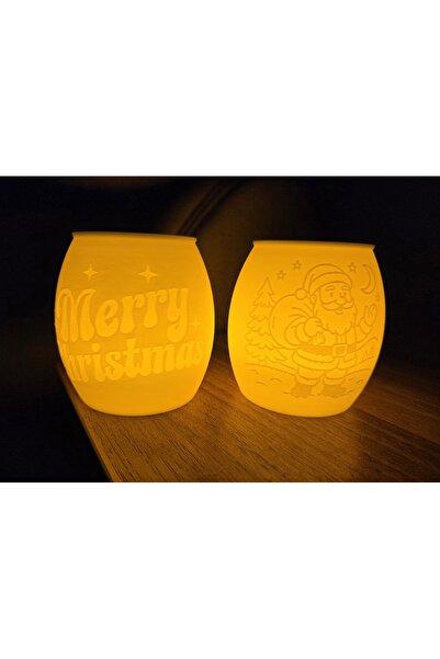 Lamba 3D Baskı Noel Temalı LED Işıklı Mumluk – Merry Christmas & Santa Desenl...