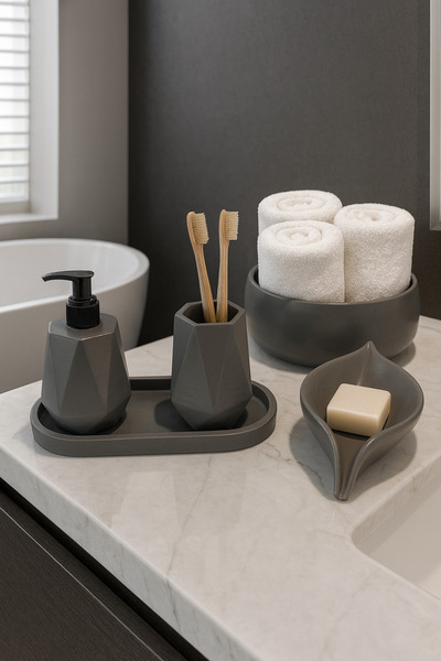 Zigzag Home Set de baie decorativ, 5 piese, geometric, dozator de săpun lichid, dozator de săpun solid, suport pentru periuță de dinți, tavă și suport pentru prosoape