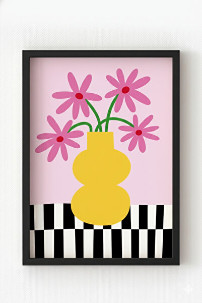 MIOVI Siyah Ahşap Çerçeveli Pembe Çiçekli Poster – Modern Vazolu Minimal Duva...