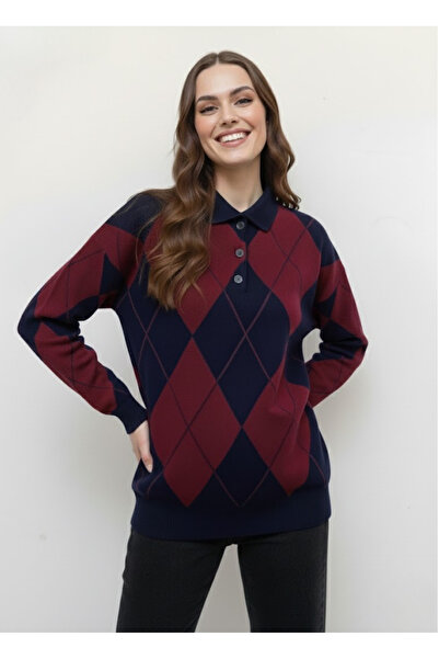 meday Clothing Lux Vintage Baklava Patterned, Polo Neck, Premium Knitwear Sweater