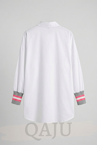 Qaju Women's White Knitted Collar Detailed Knitwear Casual Boyfriend Cotton Shirt - Pink