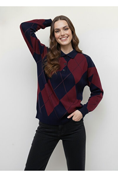 meday Clothing Lux Vintage Baklava Patterned, Polo Neck, Premium Knitwear Sweater