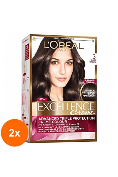 L'Oreal Paris Set of 2 x Excellence Creme 3 Dark Satin Permanent Hair Dye with Ammonia, 192 ml