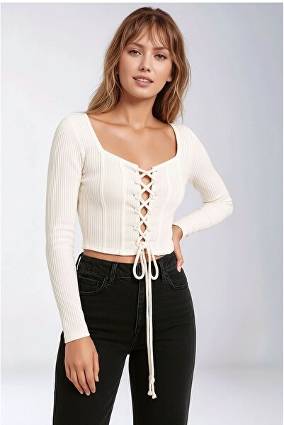 MAMAYAGA Women's Round Neck Front Lace up Long Sleeve Corded Fabric Crop Length Sporty Stylish Blouse